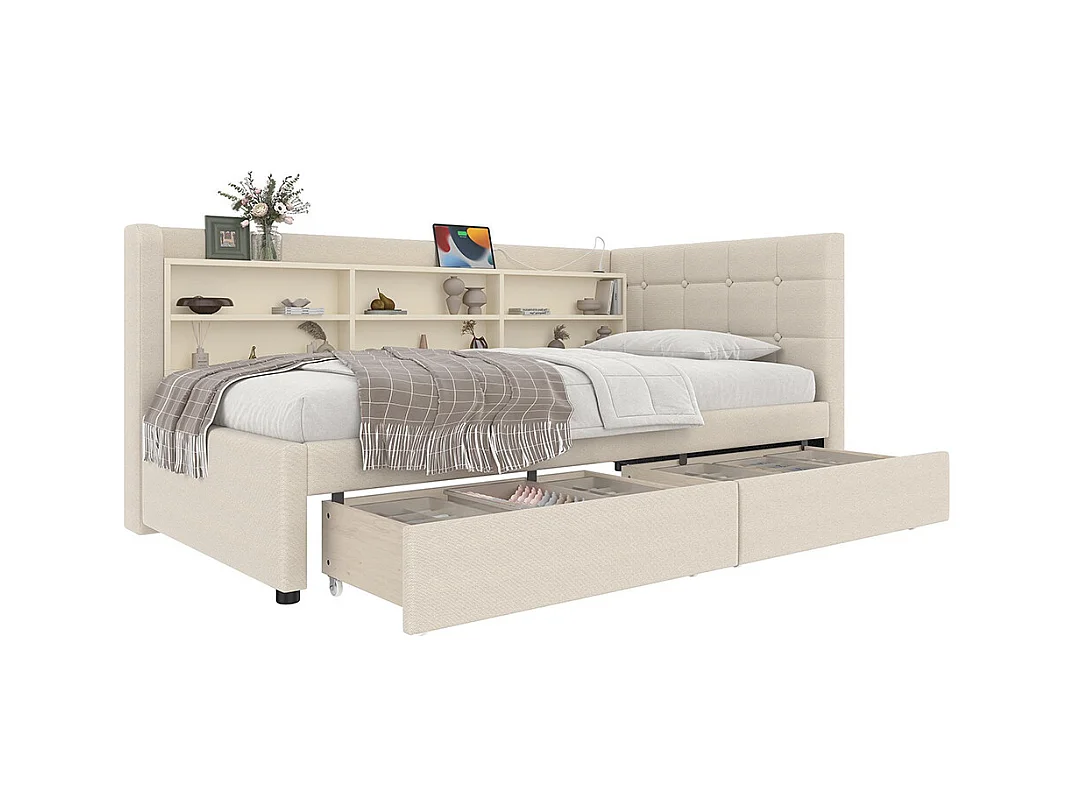 Lit banquette lit de jour convertible 90x200 cm avec 2 tiroirs ports USB Type-C rangement sommier à lattes sans matelas lin beige