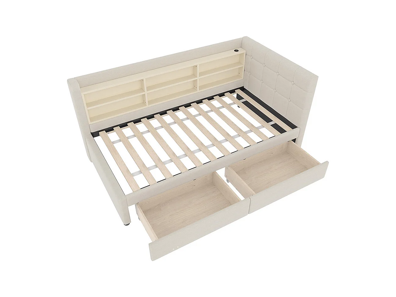 Lit banquette lit de jour convertible 90x200 cm avec 2 tiroirs ports USB Type-C rangement sommier à lattes sans matelas lin beige