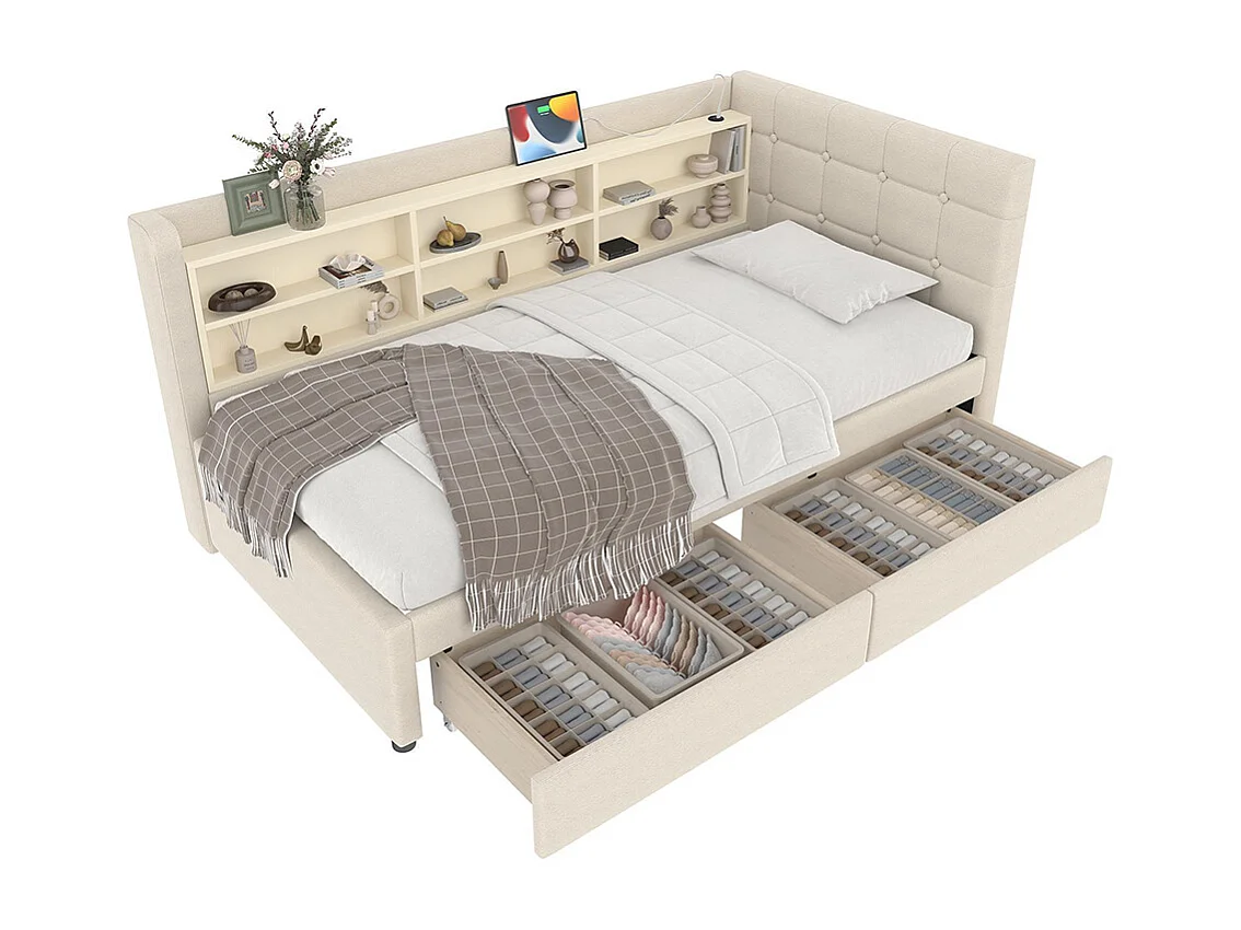 Lit banquette lit de jour convertible 90x200 cm avec 2 tiroirs ports USB Type-C rangement sommier à lattes sans matelas lin beige
