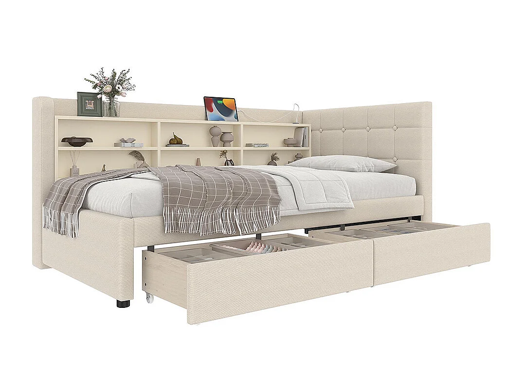 Lit banquette lit de jour convertible 90x200 cm avec 2 tiroirs ports USB Type-C rangement sommier à lattes sans matelas lin beige