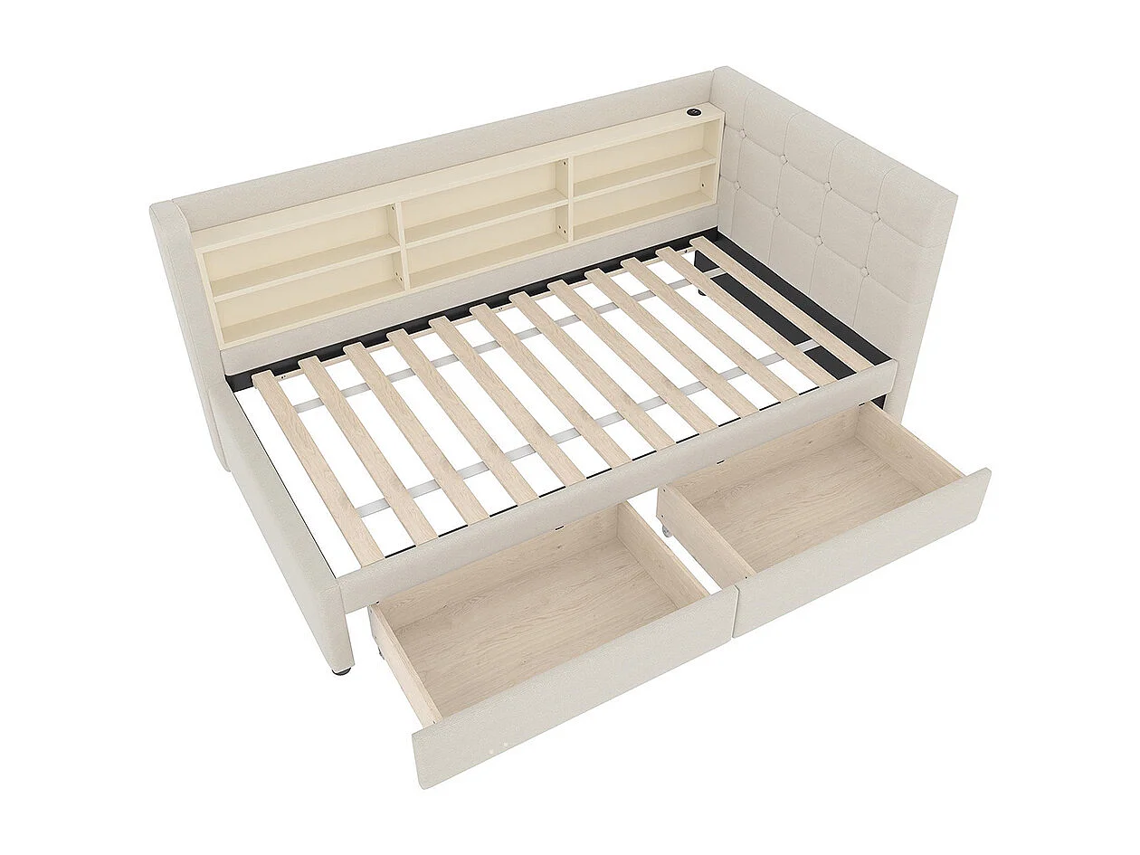 Lit banquette lit de jour convertible 90x200 cm avec 2 tiroirs ports USB Type-C rangement sommier à lattes sans matelas lin beige