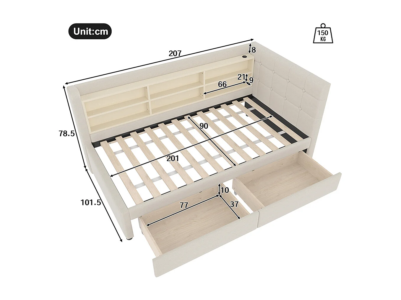 Lit banquette lit de jour convertible 90x200 cm avec 2 tiroirs ports USB Type-C rangement sommier à lattes sans matelas lin beige