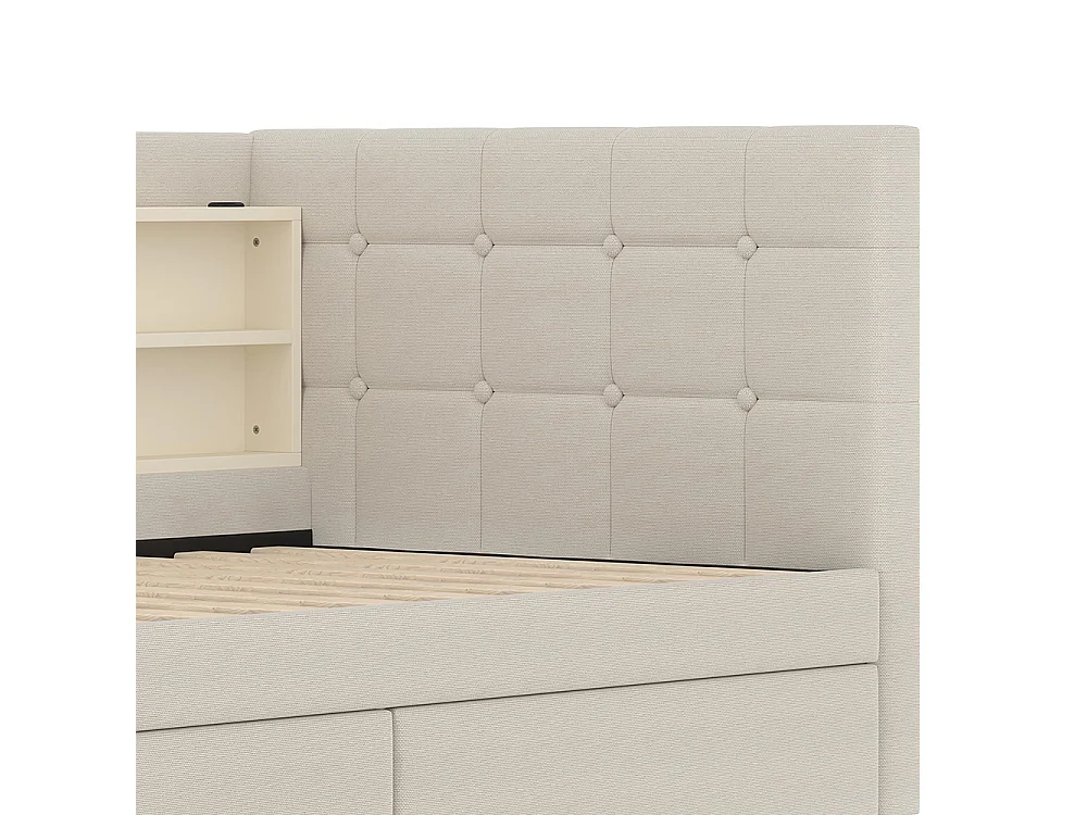 Lit banquette lit de jour convertible 90x200 cm avec 2 tiroirs ports USB Type-C rangement sommier à lattes sans matelas lin beige
