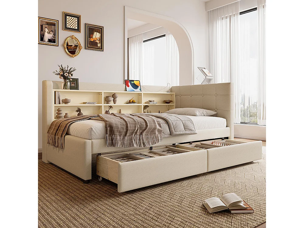 Lit banquette lit de jour convertible 90x200 cm avec 2 tiroirs ports USB Type-C rangement sommier à lattes sans matelas lin beige