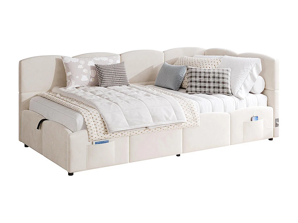 Lit banquette beige 90x200 cm rangement sommier lattes USB sac adolescent enfant adulte tissu bouclé sans matelas
