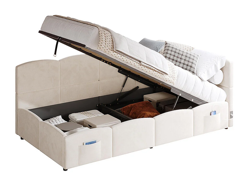 Lit banquette beige 90x200 cm rangement sommier lattes USB sac adolescent enfant adulte tissu bouclé sans matelas