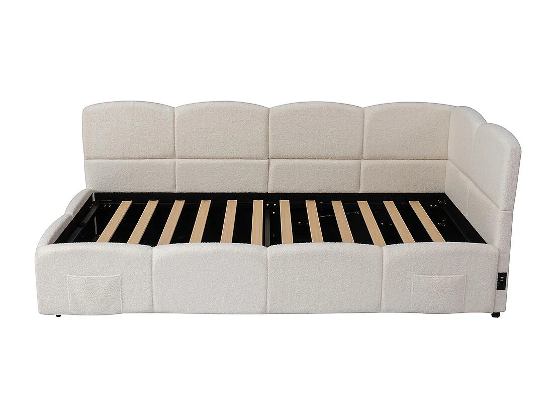 Lit banquette beige 90x200 cm rangement sommier lattes USB sac adolescent enfant adulte tissu bouclé sans matelas