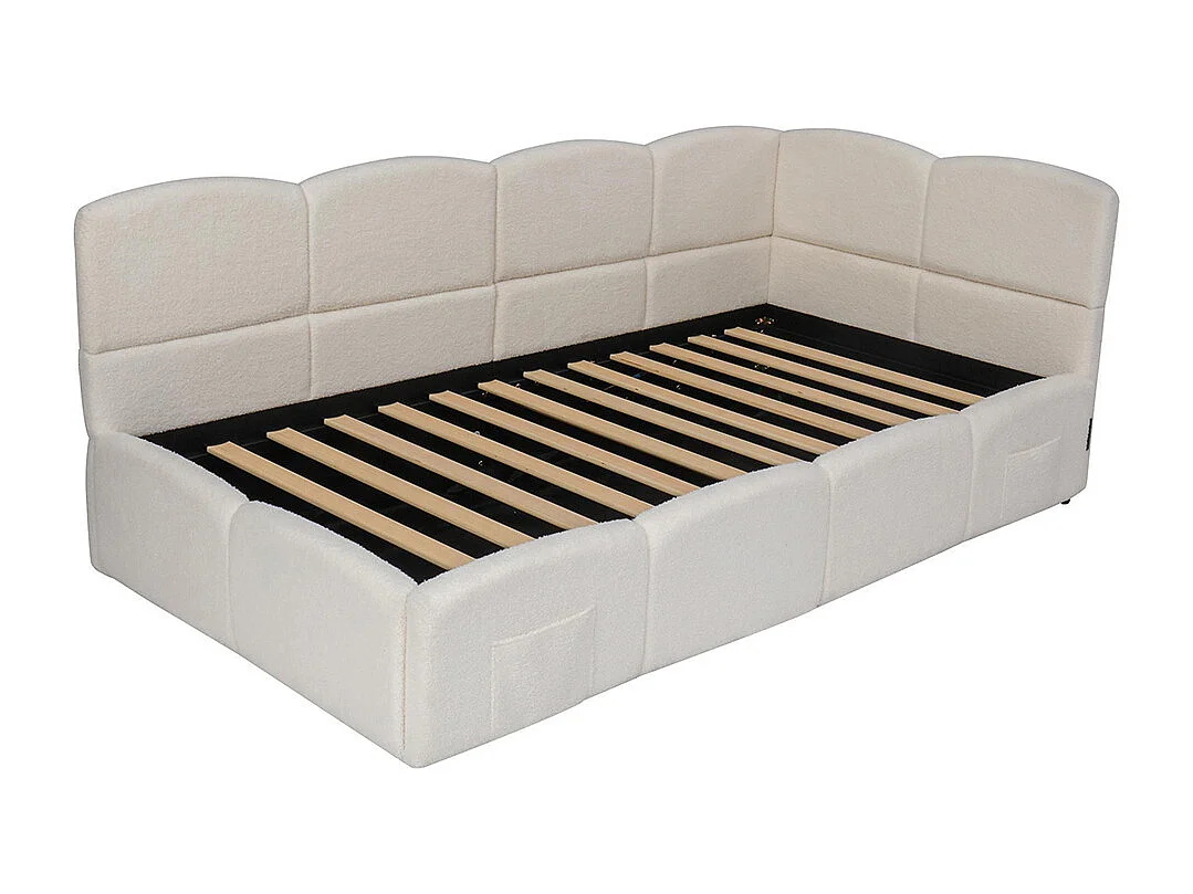 Lit banquette beige 90x200 cm rangement sommier lattes USB sac adolescent enfant adulte tissu bouclé sans matelas