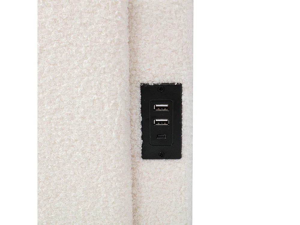 Lit banquette beige 90x200 cm rangement sommier lattes USB sac adolescent enfant adulte tissu bouclé sans matelas