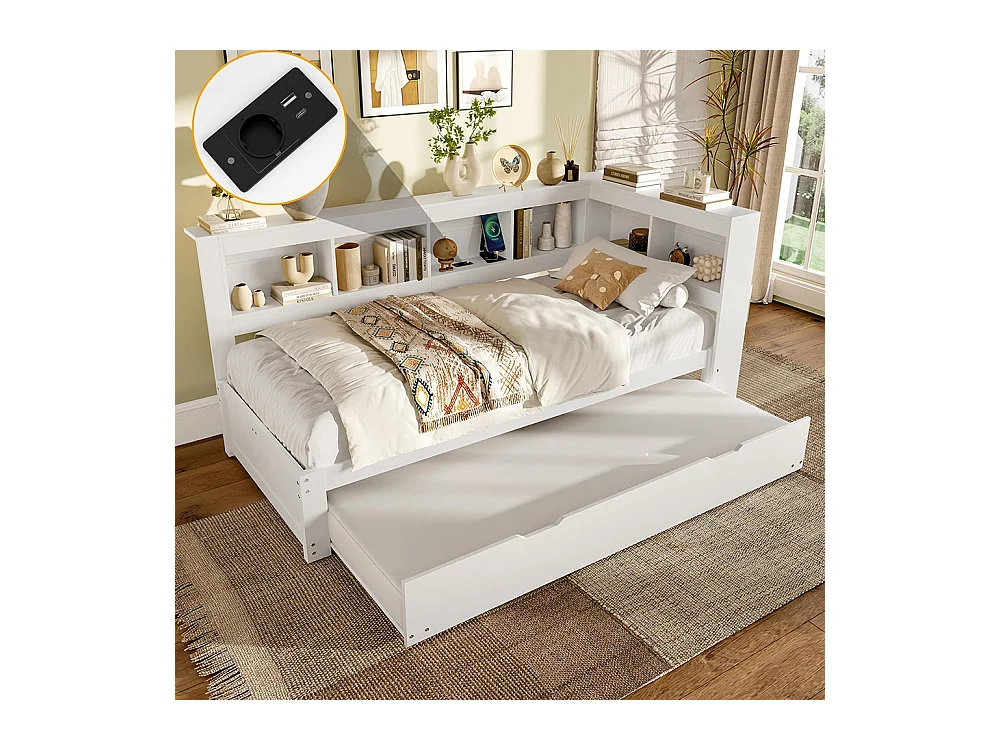 Lit banquette lit gigogne jour 90x200 cm canapé-lit ports USB électrique sommier à lattes sans matelas panneau particules blanc