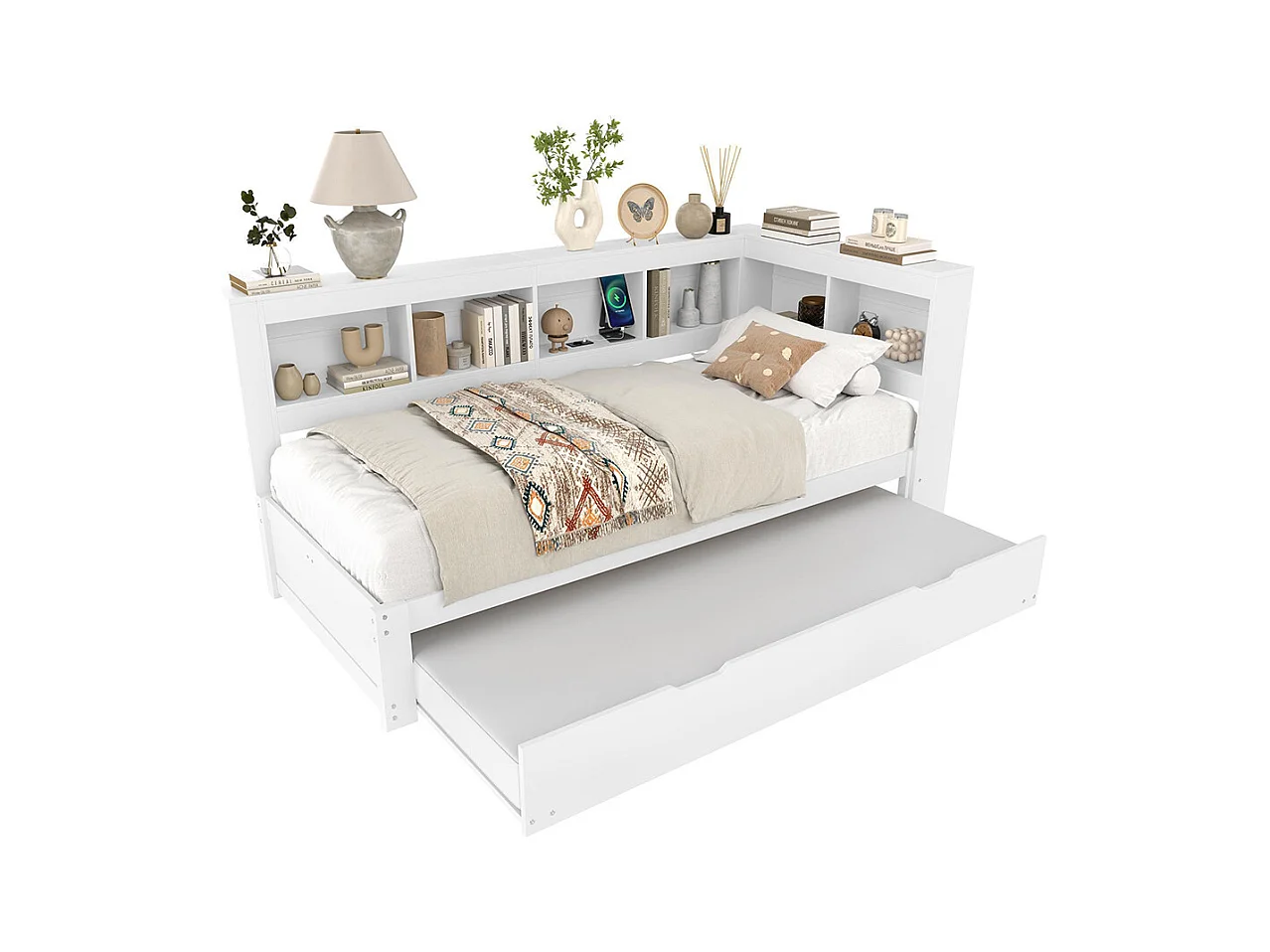 Lit banquette lit gigogne jour 90x200 cm canapé-lit ports USB électrique sommier à lattes sans matelas panneau particules blanc