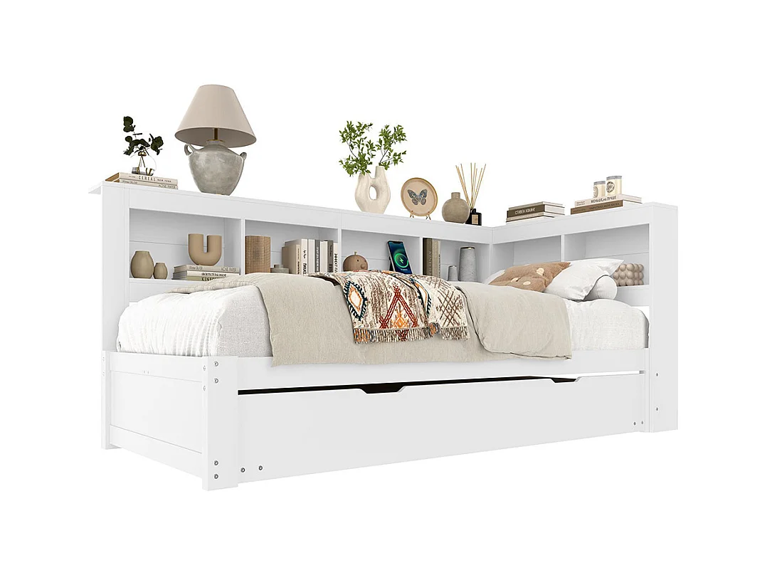 Lit banquette lit gigogne jour 90x200 cm canapé-lit ports USB électrique sommier à lattes sans matelas panneau particules blanc