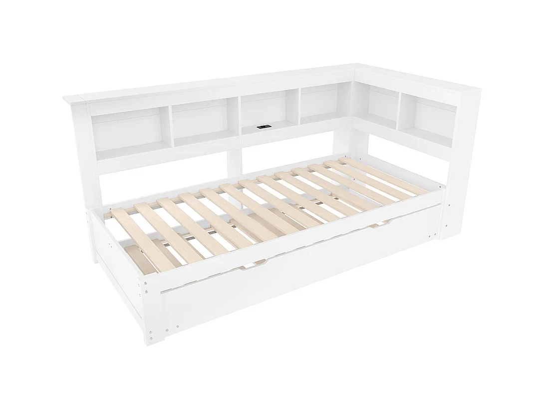 Lit banquette lit gigogne jour 90x200 cm canapé-lit ports USB électrique sommier à lattes sans matelas panneau particules blanc