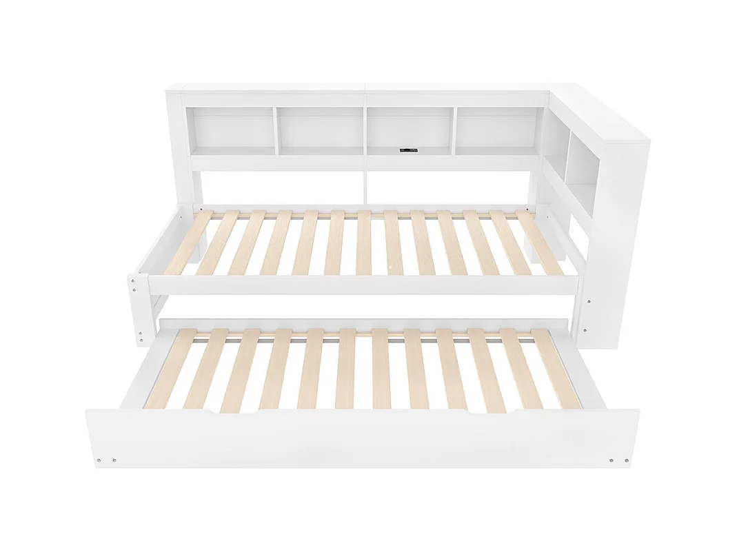 Lit banquette lit gigogne jour 90x200 cm canapé-lit ports USB électrique sommier à lattes sans matelas panneau particules blanc