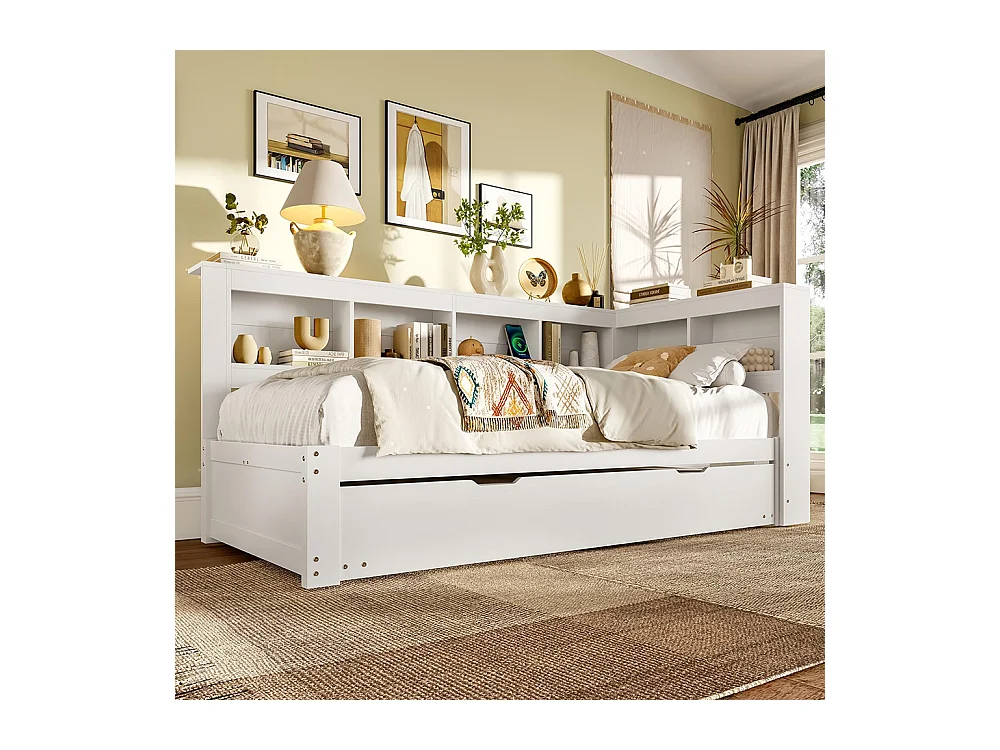 Lit banquette lit gigogne jour 90x200 cm canapé-lit ports USB électrique sommier à lattes sans matelas panneau particules blanc