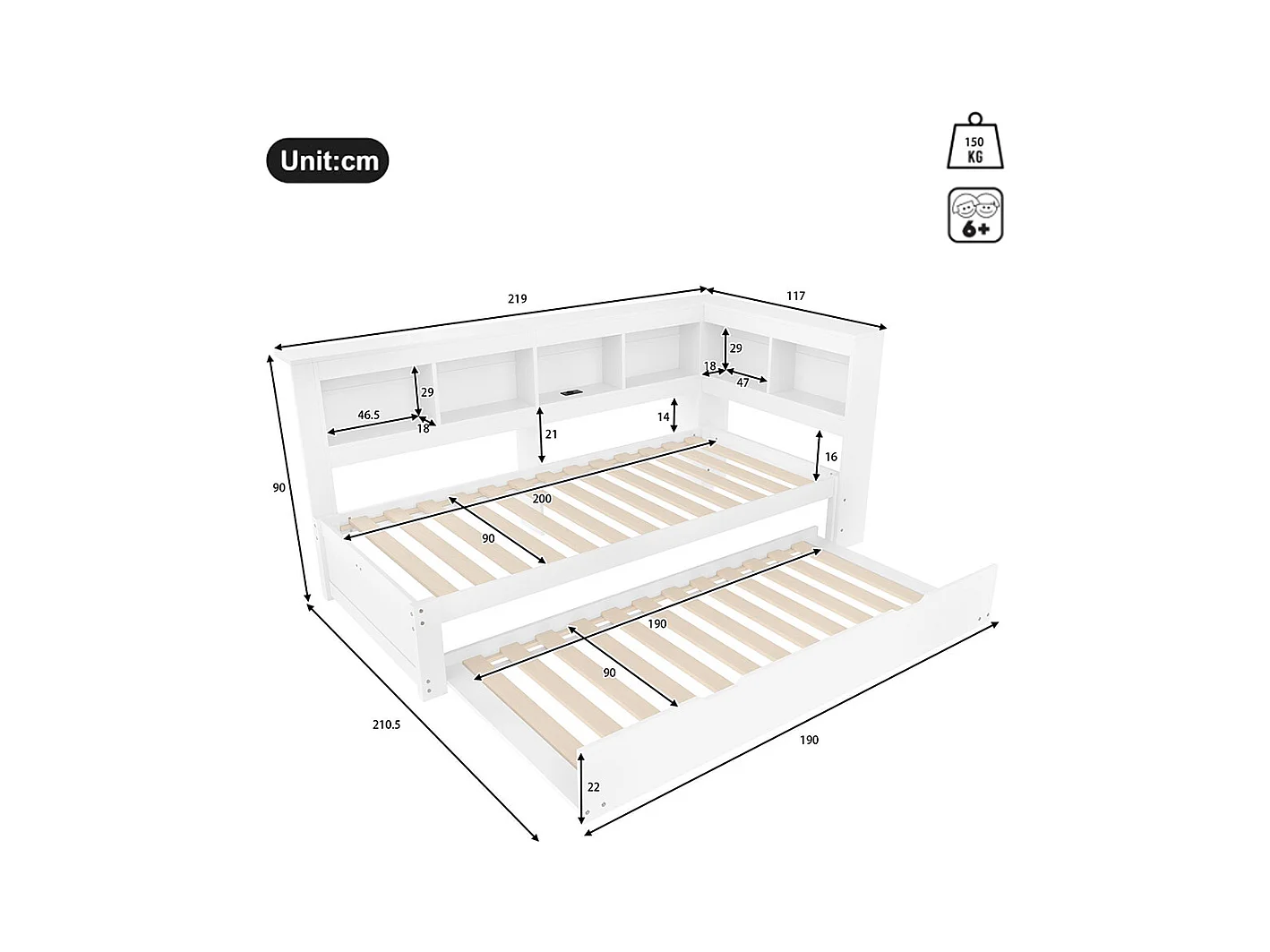 Lit banquette lit gigogne jour 90x200 cm canapé-lit ports USB électrique sommier à lattes sans matelas panneau particules blanc