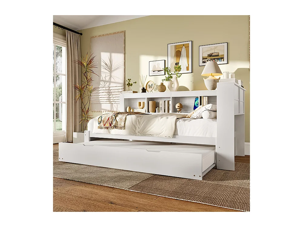 Lit banquette lit gigogne jour 90x200 cm canapé-lit ports USB électrique sommier à lattes sans matelas panneau particules blanc