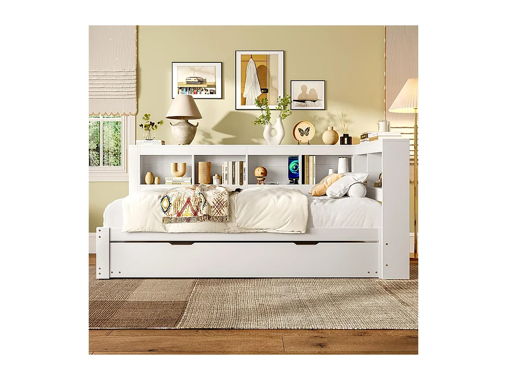 Lit banquette lit gigogne jour 90x200 cm canapé-lit ports USB électrique sommier à lattes sans matelas panneau particules blanc