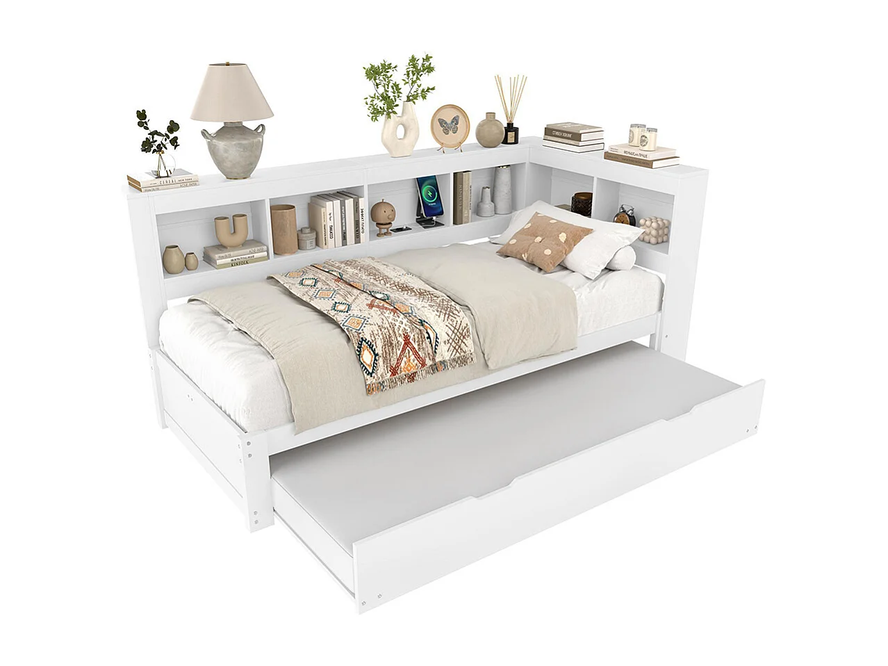 Lit banquette lit gigogne jour 90x200 cm canapé-lit ports USB électrique sommier à lattes sans matelas panneau particules blanc