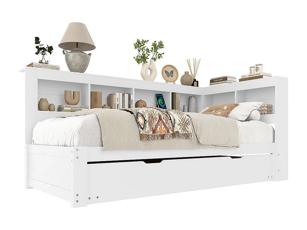 Lit banquette lit gigogne jour 90x200 cm canapé-lit ports USB électrique sommier à lattes sans matelas panneau particules blanc