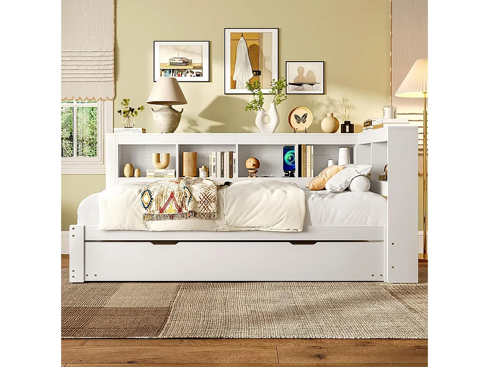 Lit banquette lit gigogne jour 90x200 cm canapé-lit ports USB électrique sommier à lattes sans matelas panneau particules blanc