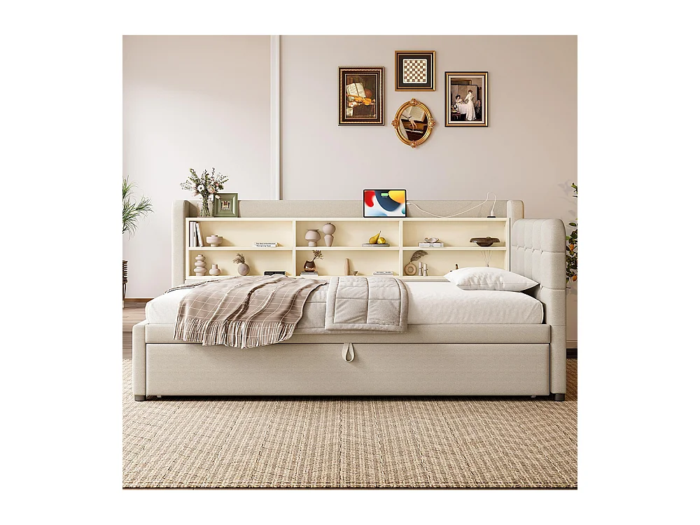 Lit banquette lit de jour gigogne 90x200 cm 180x200 cm multifonction ports USB Type-C rangement sommier à lattes sans matelas lin beige