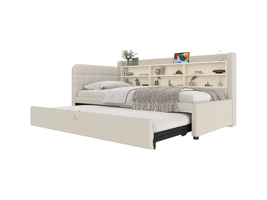 Lit banquette lit de jour gigogne 90x200 cm 180x200 cm multifonction ports USB Type-C rangement sommier à lattes sans matelas lin beige