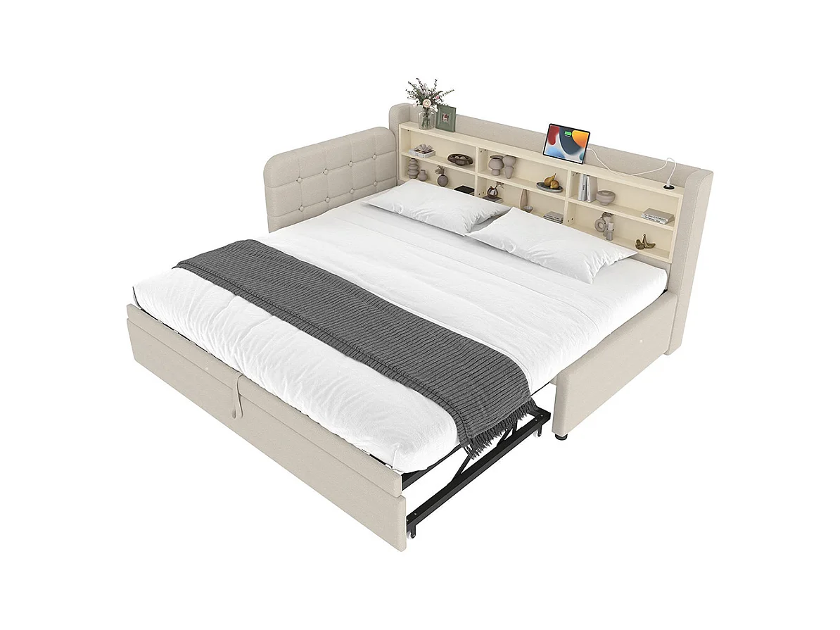 Lit banquette lit de jour gigogne 90x200 cm 180x200 cm multifonction ports USB Type-C rangement sommier à lattes sans matelas lin beige