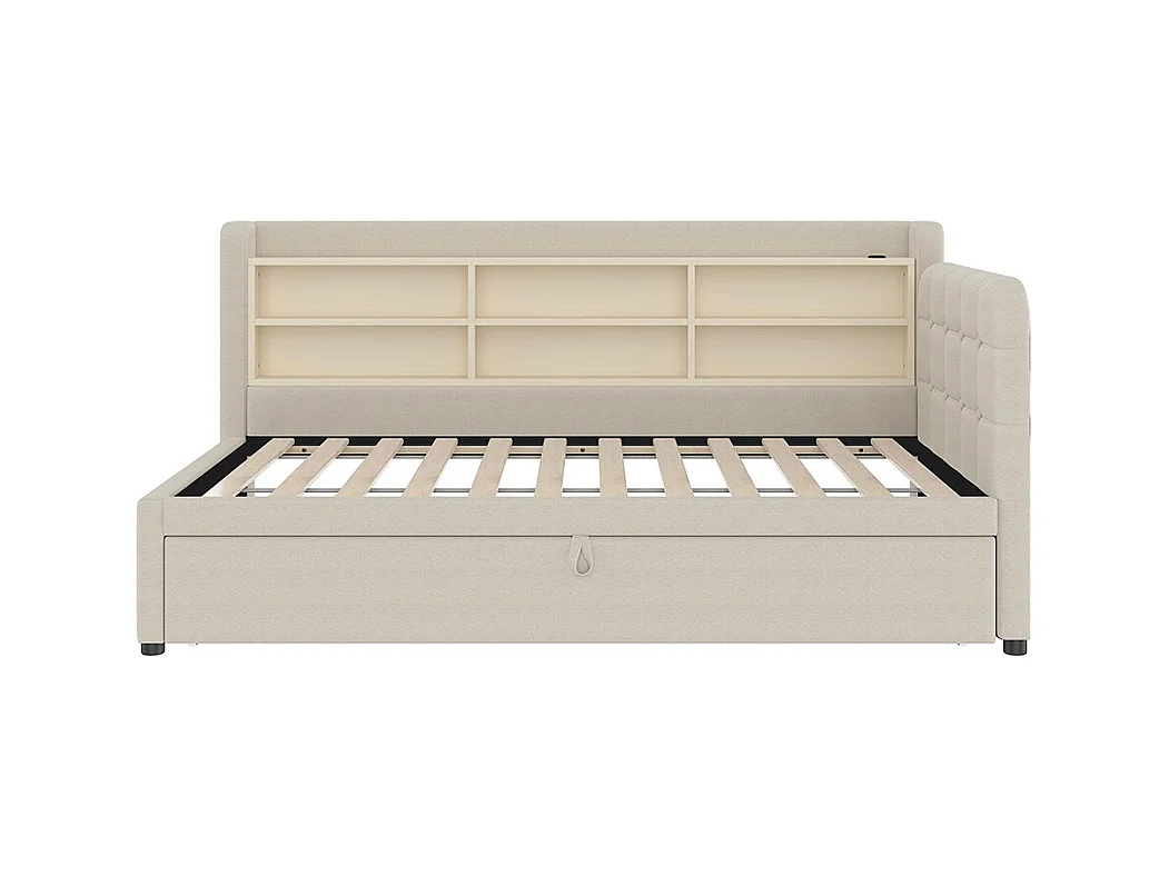 Lit banquette lit de jour gigogne 90x200 cm 180x200 cm multifonction ports USB Type-C rangement sommier à lattes sans matelas lin beige