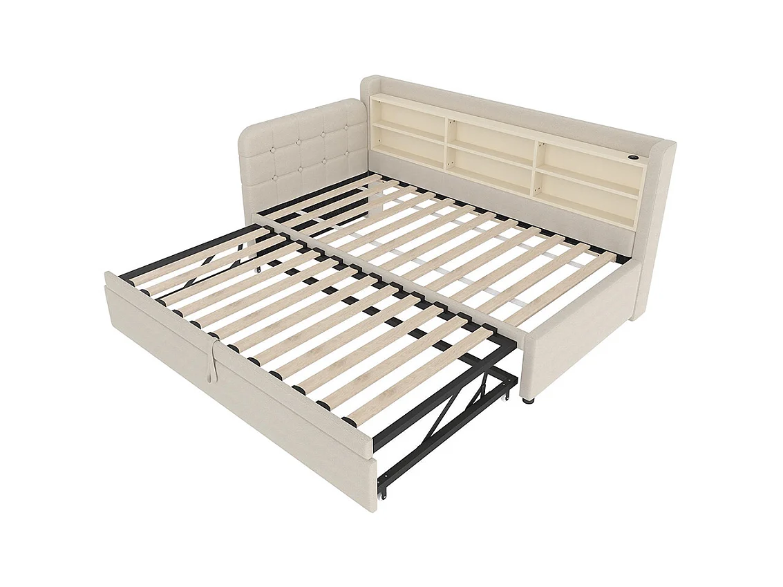 Lit banquette lit de jour gigogne 90x200 cm 180x200 cm multifonction ports USB Type-C rangement sommier à lattes sans matelas lin beige