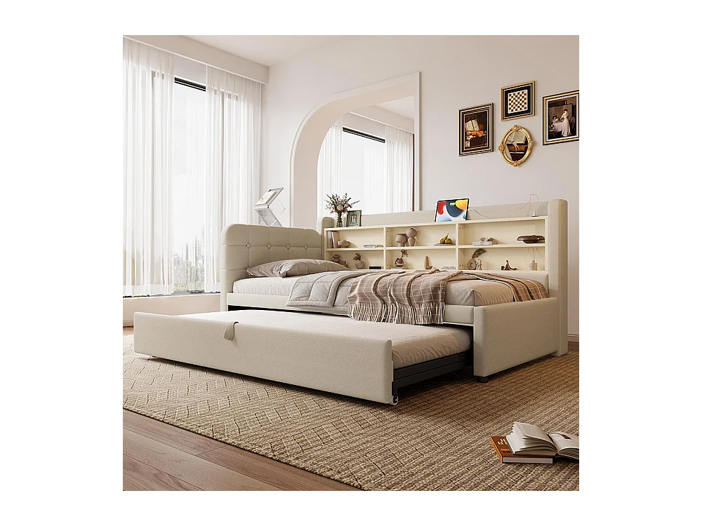 Lit banquette lit de jour gigogne 90x200 cm 180x200 cm multifonction ports USB Type-C rangement sommier à lattes sans matelas lin beige