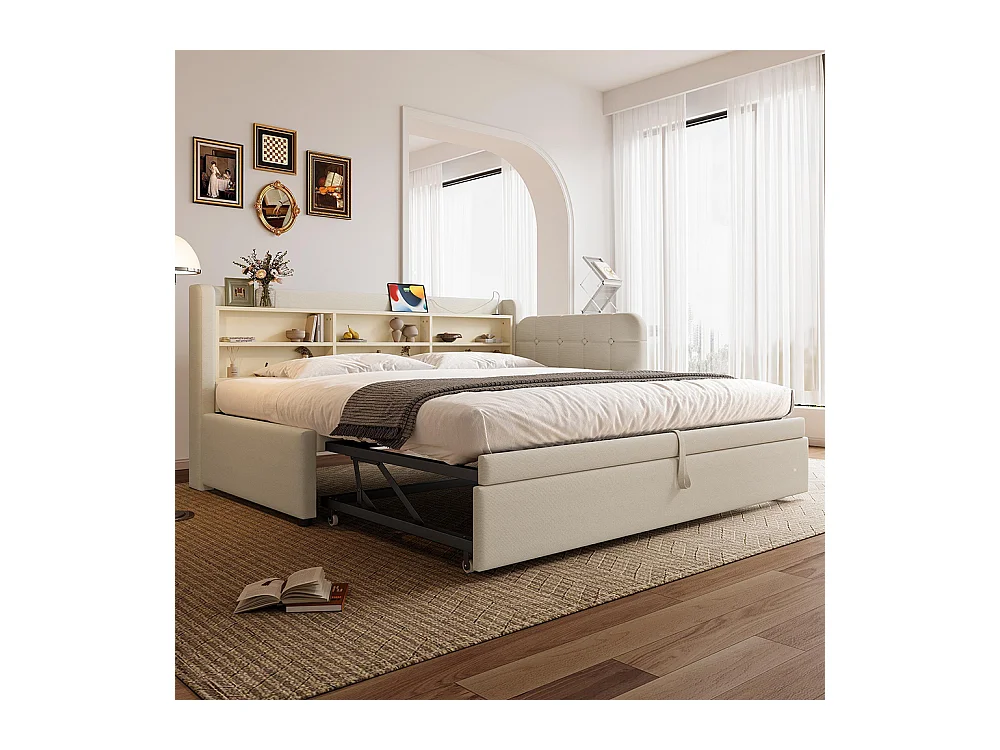 Lit banquette lit de jour gigogne 90x200 cm 180x200 cm multifonction ports USB Type-C rangement sommier à lattes sans matelas lin beige