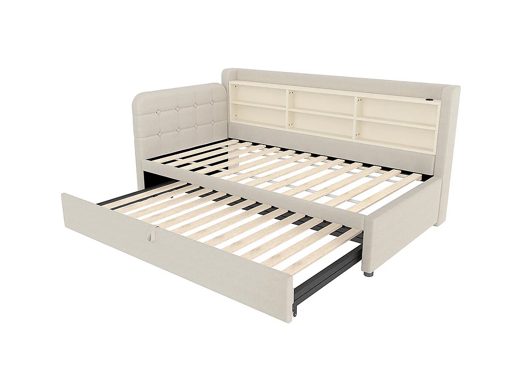 Lit banquette lit de jour gigogne 90x200 cm 180x200 cm multifonction ports USB Type-C rangement sommier à lattes sans matelas lin beige