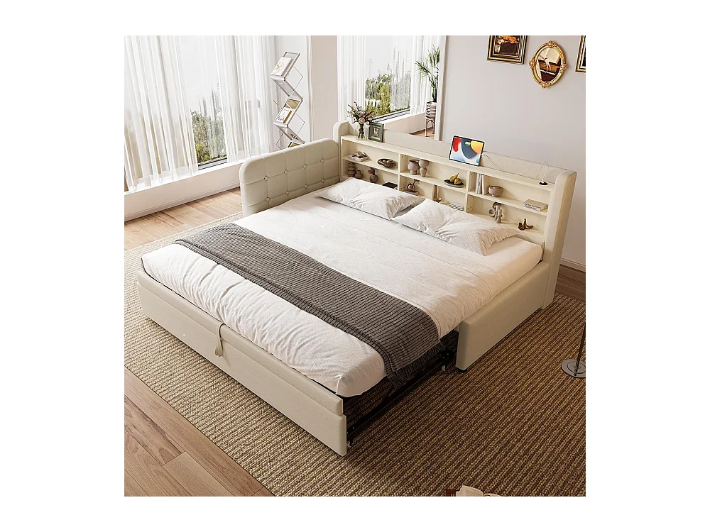 Lit banquette lit de jour gigogne 90x200 cm 180x200 cm multifonction ports USB Type-C rangement sommier à lattes sans matelas lin beige