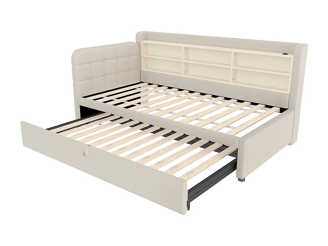 Lit banquette lit de jour gigogne 90x200 cm 180x200 cm multifonction ports USB Type-C rangement sommier à lattes sans matelas lin beige