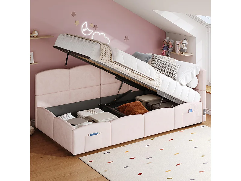 Lit banquette rose 90x200 cm rangement sommier lattes USB sac adolescent enfant adulte velours sans matelas
