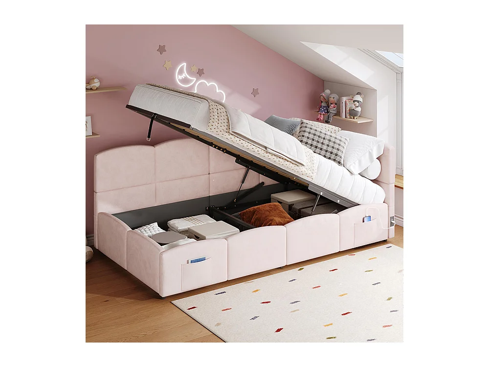Lit banquette rose 90x200 cm rangement sommier lattes USB sac adolescent enfant adulte velours sans matelas
