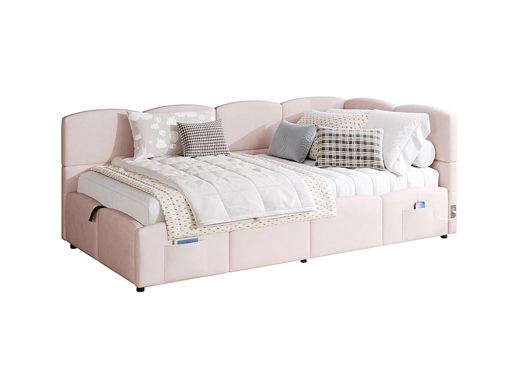 Lit banquette rose 90x200 cm rangement sommier lattes USB sac adolescent enfant adulte velours sans matelas