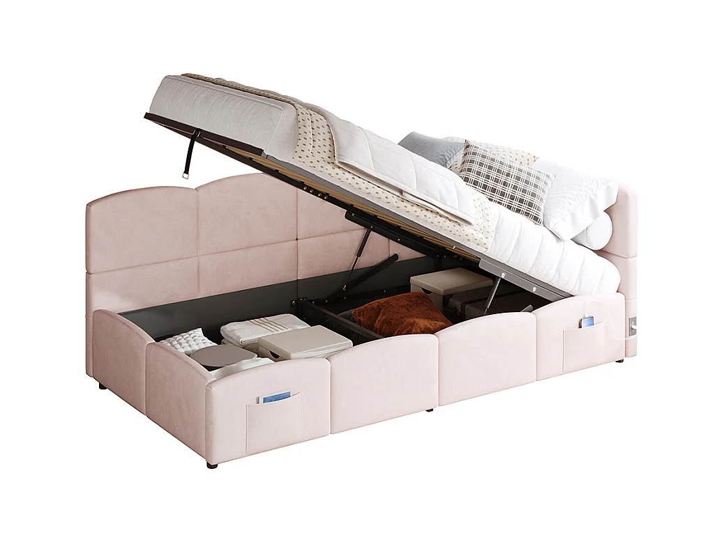 Lit banquette rose 90x200 cm rangement sommier lattes USB sac adolescent enfant adulte velours sans matelas