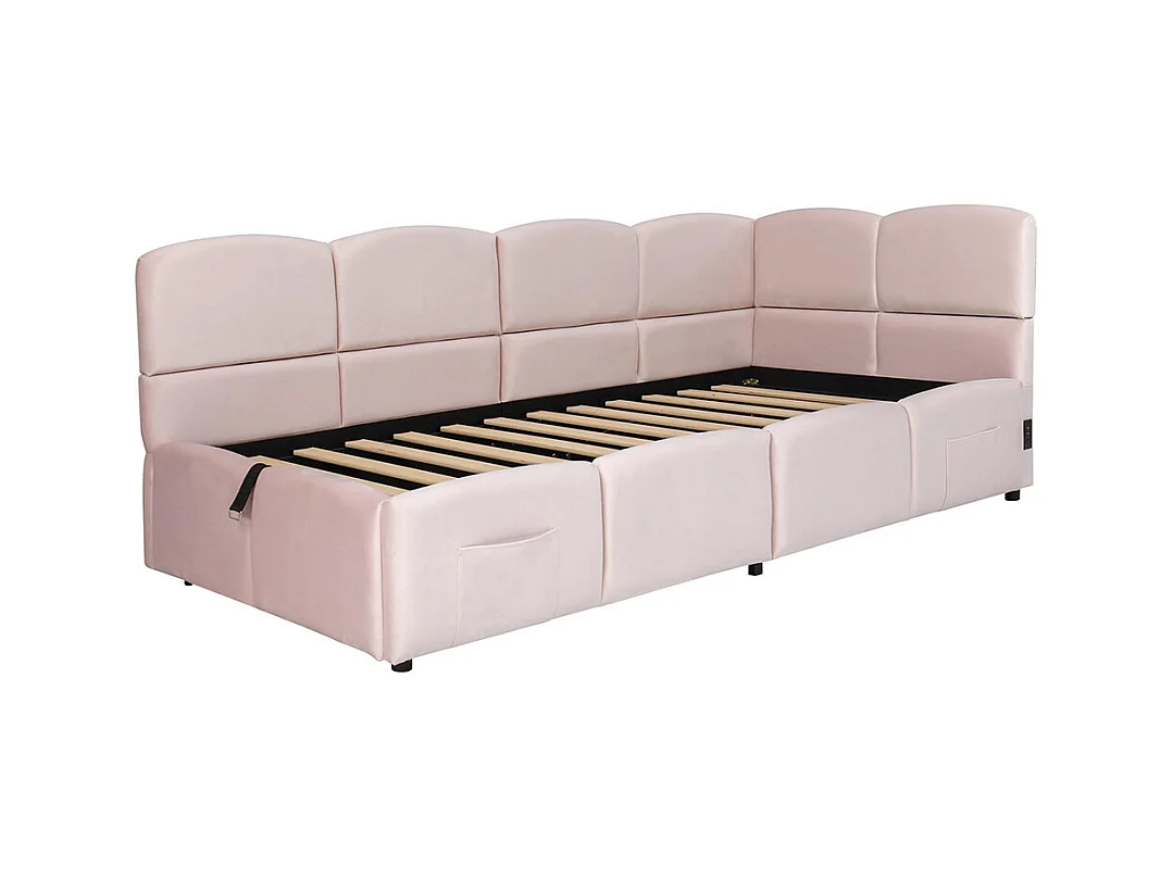 Lit banquette rose 90x200 cm rangement sommier lattes USB sac adolescent enfant adulte velours sans matelas