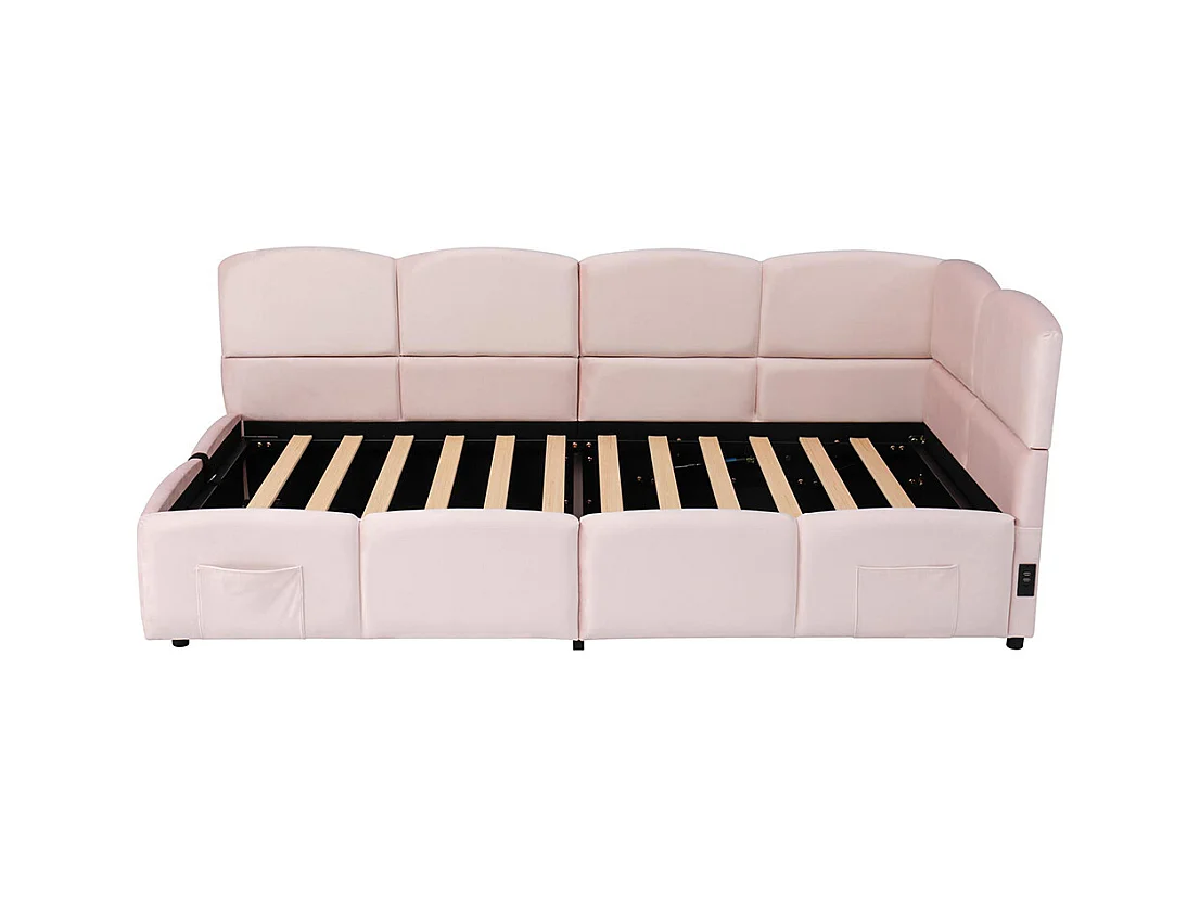 Lit banquette rose 90x200 cm rangement sommier lattes USB sac adolescent enfant adulte velours sans matelas