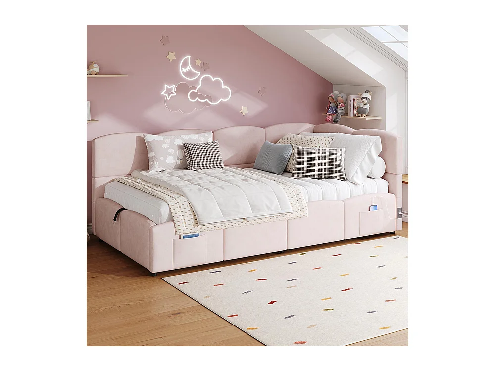 Lit banquette rose 90x200 cm rangement sommier lattes USB sac adolescent enfant adulte velours sans matelas