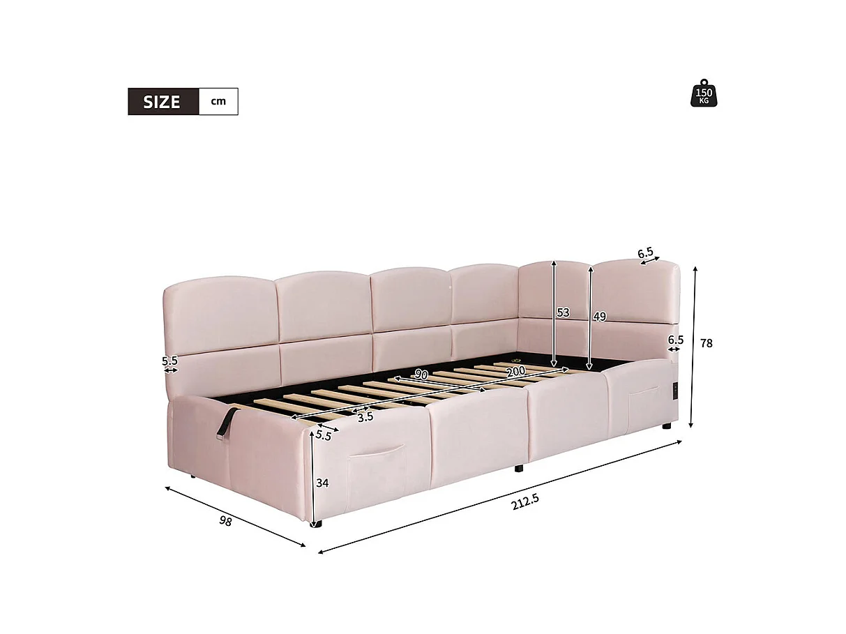 Lit banquette rose 90x200 cm rangement sommier lattes USB sac adolescent enfant adulte velours sans matelas