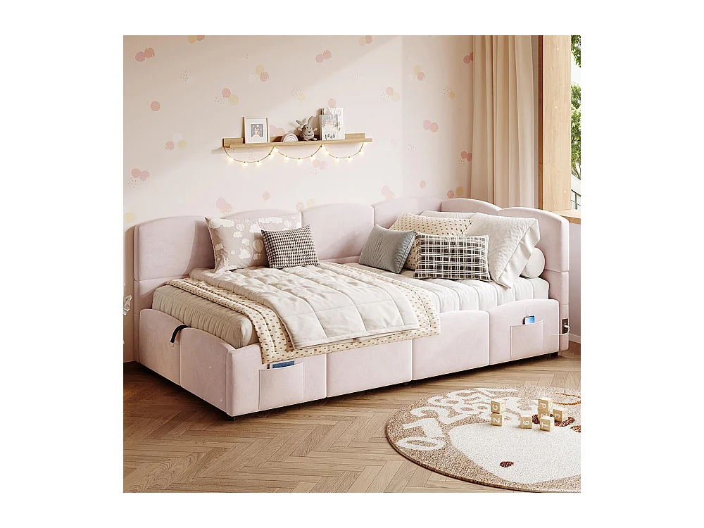 Lit banquette rose 90x200 cm rangement sommier lattes USB sac adolescent enfant adulte velours sans matelas