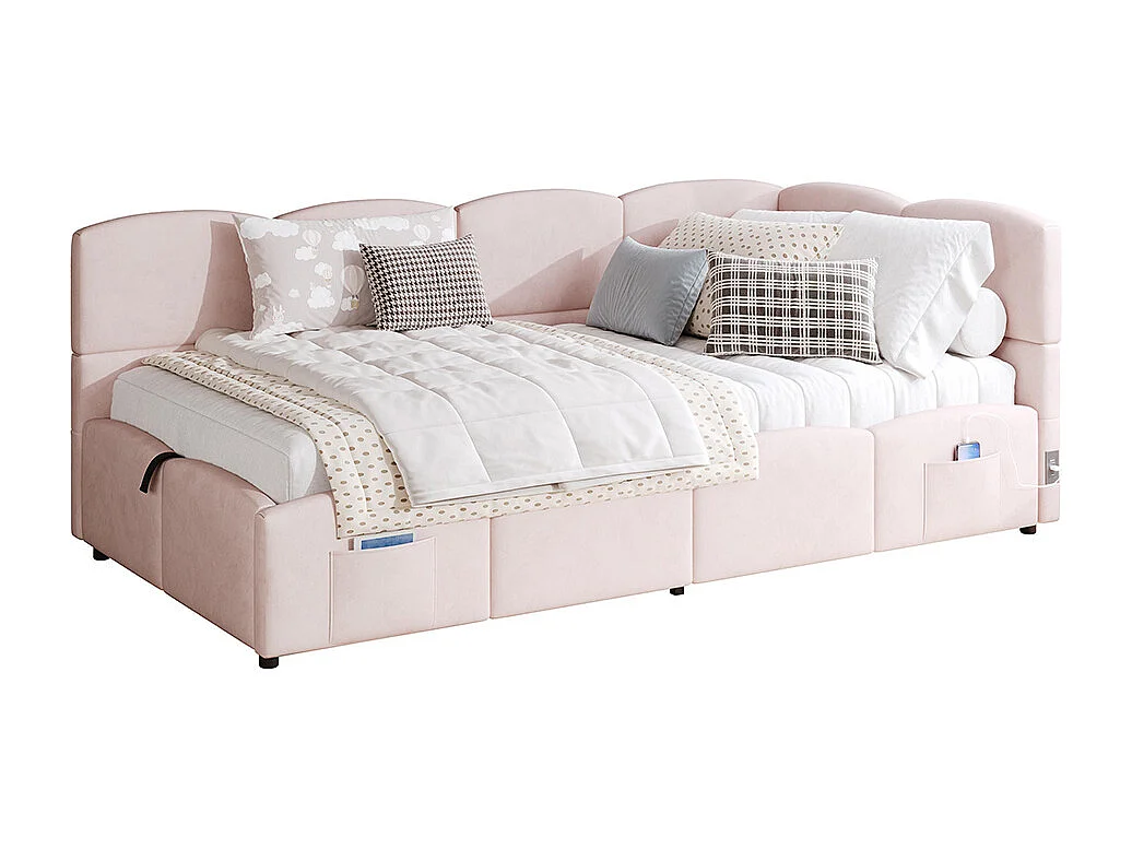 Lit banquette rose 90x200 cm rangement sommier lattes USB sac adolescent enfant adulte velours sans matelas