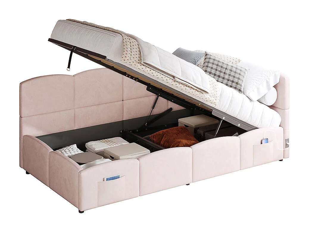 Lit banquette rose 90x200 cm rangement sommier lattes USB sac adolescent enfant adulte velours sans matelas