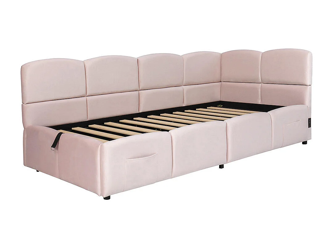 Lit banquette rose 90x200 cm rangement sommier lattes USB sac adolescent enfant adulte velours sans matelas