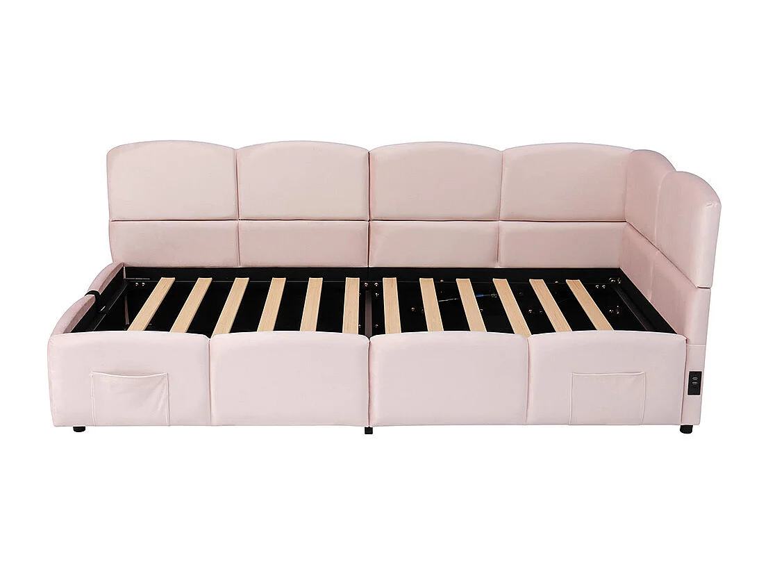 Lit banquette rose 90x200 cm rangement sommier lattes USB sac adolescent enfant adulte velours sans matelas