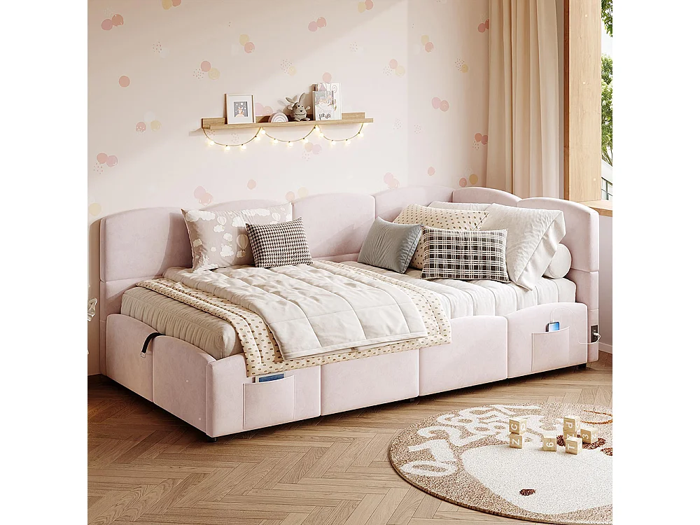 Lit banquette rose 90x200 cm rangement sommier lattes USB sac adolescent enfant adulte velours sans matelas