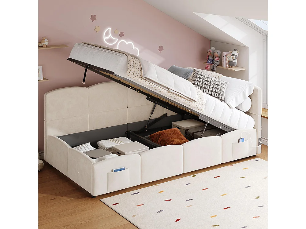 Lit banquette beige 90x200 cm rangement sommier lattes USB sac adolescent enfant adulte velours sans matelas